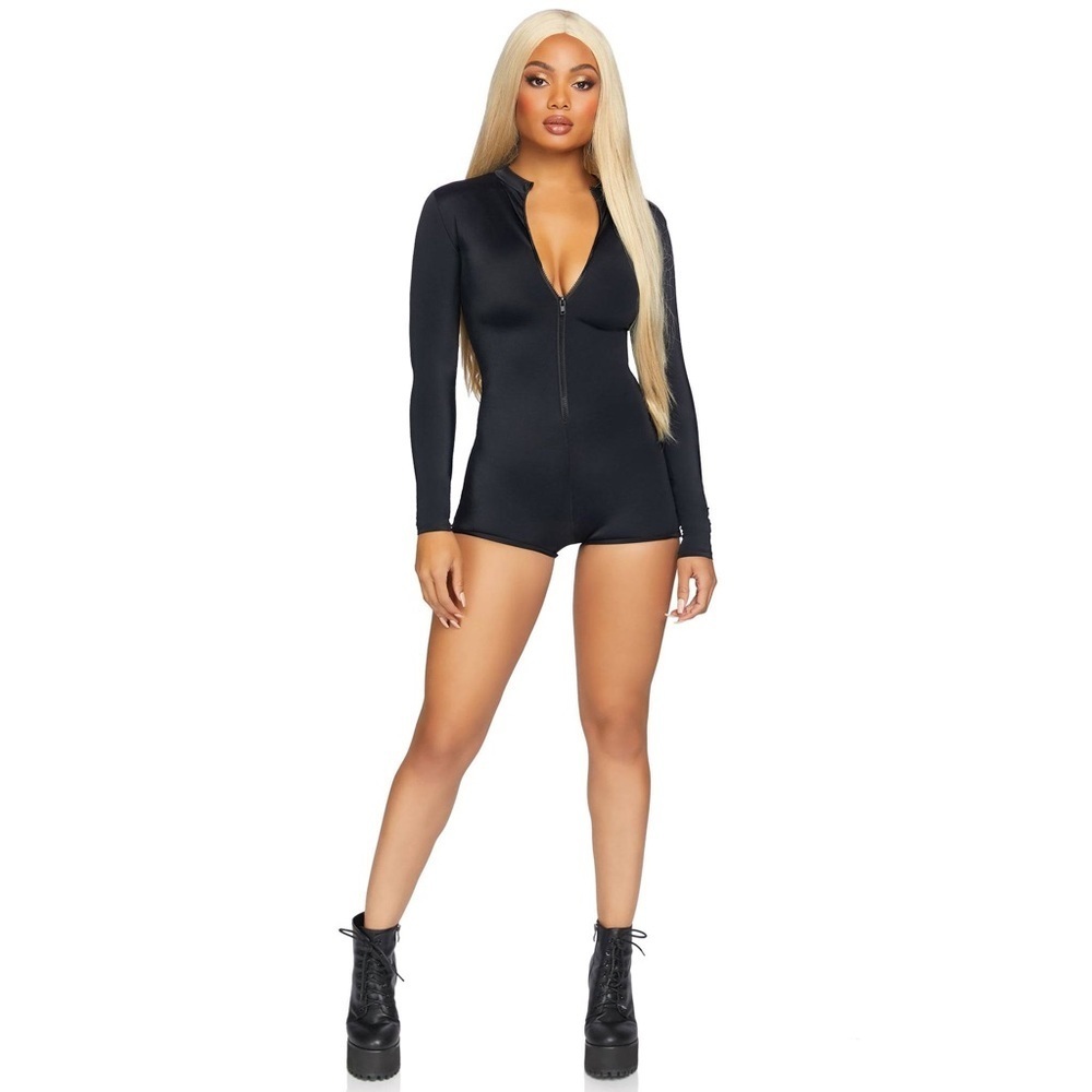 NWT Leg Avenue Zipper Front Long Sleeved Matte Romper Black Medium